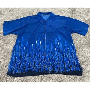MT:2 Button Up Shirt Blue Flame Graphic Y2K Camp Top 3XL
